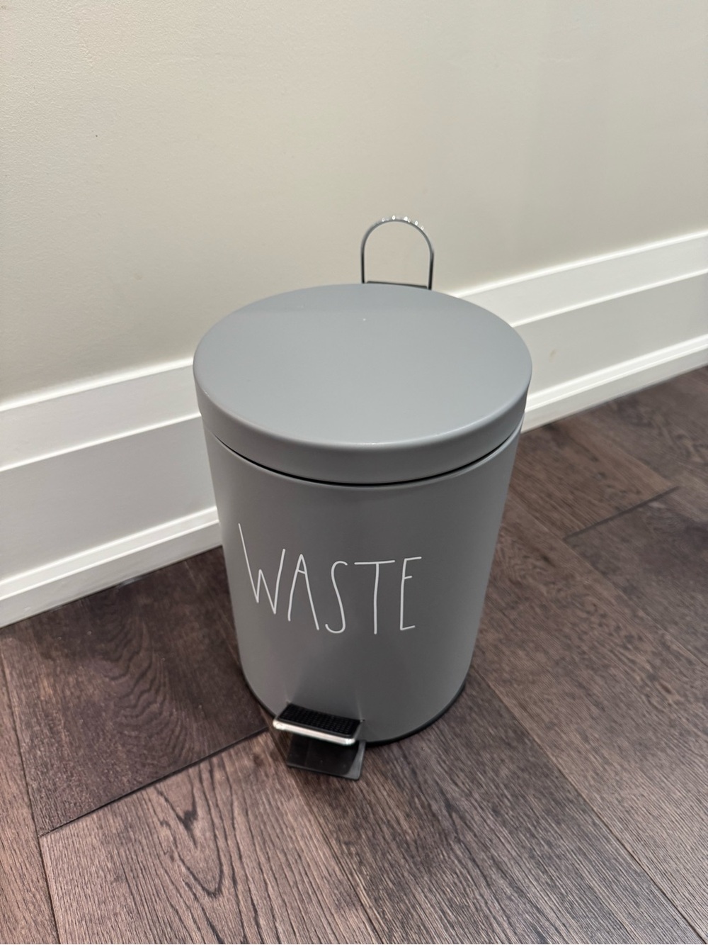 Rae Dunn Gray 'WASTE' Pedal Trash Can bathroom garbage
